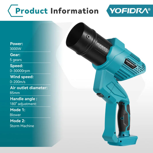 YOFIDRA 2In1 3000W ventilateur Turbo électrique sans brosse souffleurs d'air sans fil feuille neige poussière Jet ventilateur outil pour Makita 18V batterie broche