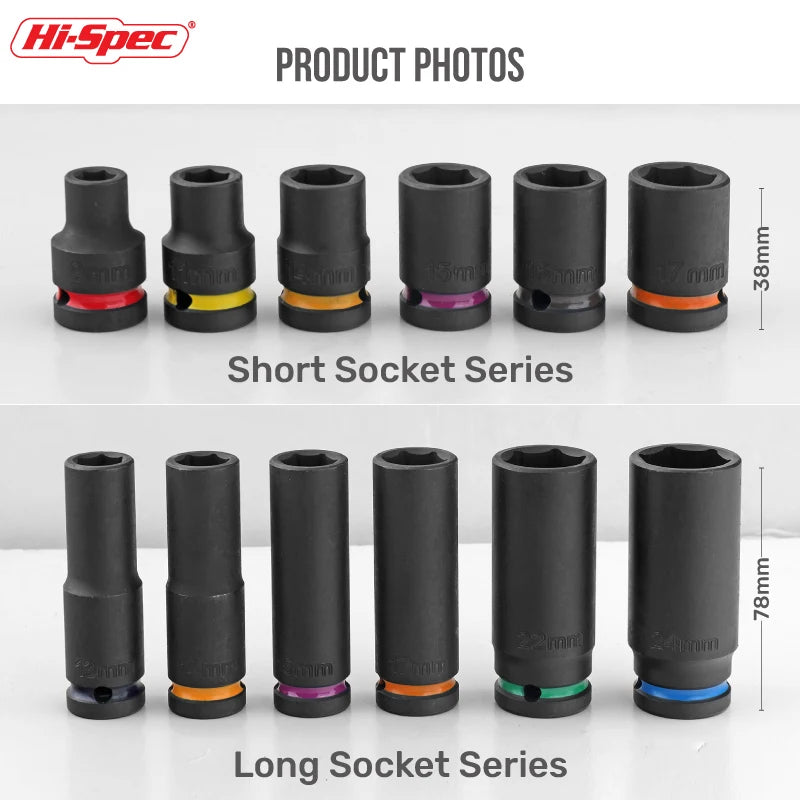 Jeu de douilles à percussion Hi-Spec 6/11 pièces 1/2 "avec douilles de 78mm de Long (10-24mm), jeu de clés à douilles outils mécaniques professionnels