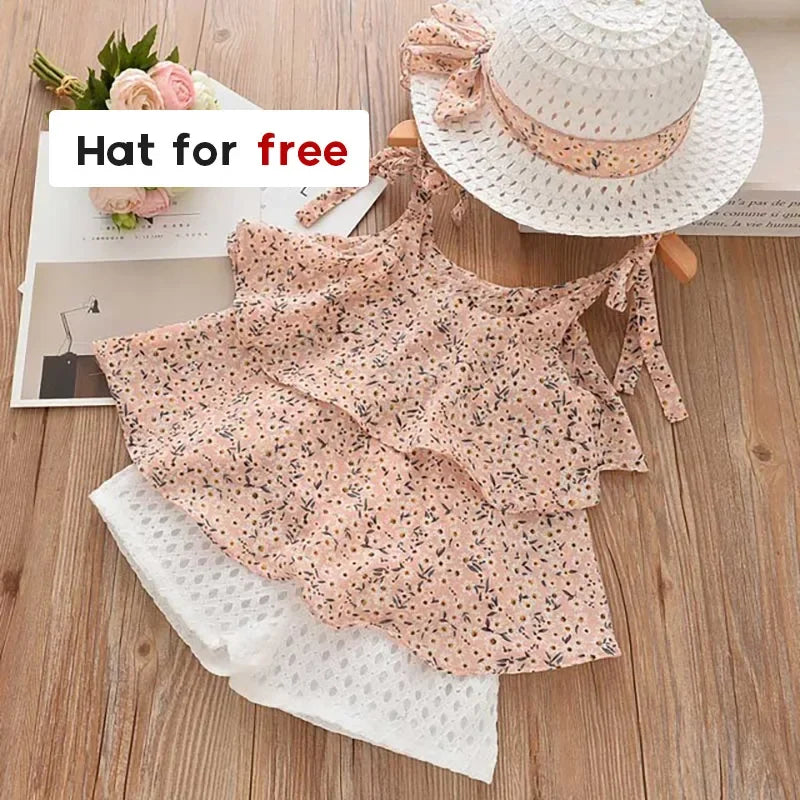 BEAR LEADER-Ensemble de vêtements pour filles, tenue d'été en mousseline de soie, motif floral, col licou + short brodé, en paille, pour enfants, 2023