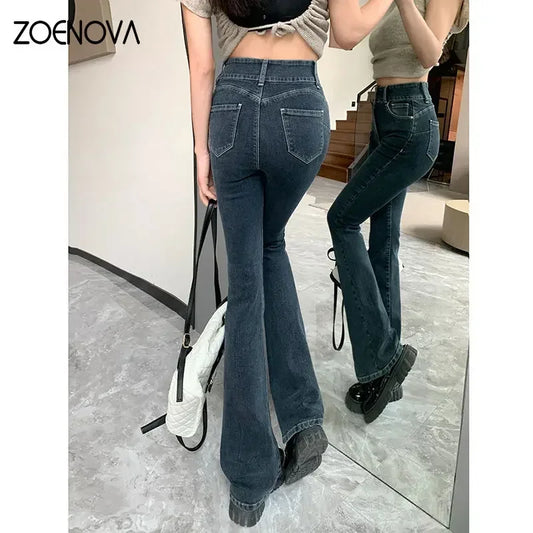 ZOENOVA-Jean baggy taille haute pour femme, pantalon évasé chic, bleu, gris, fer à cheval, Bootcut Denim Streetwear, vêtements Y2K, nouveau, 2023
