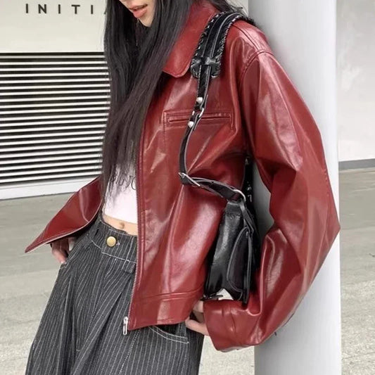 Veste en cuir à revers rouge rétro pour femme, manteau d'hiver ample pour fille, haut doux et cool, début d'automne, nouveau