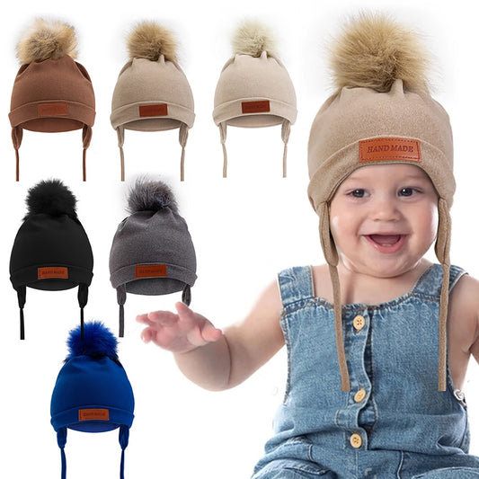 Couleur unie pompon infantile fille garçon chapeau Imitation cachemire bébé oreille Protection casquette automne hiver chaud enfant en bas âge enfants laçage Beanie