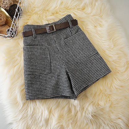 Short en laine pied-de-poule pour femme, bottes slim rétro taille haute, grande taille, avec poches en laine, jambes larges, nouvelle collection automne et hiver