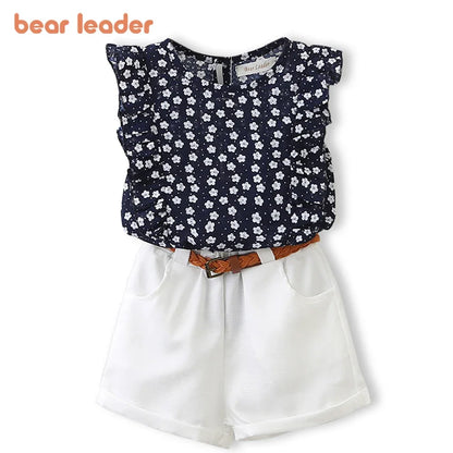 BEAR LEADER-Ensemble d'été décontracté en mousseline de soie pour enfant, t-shirt et pantalon bleus à fleurs, pour fille de 3 à 7 ans, nouvelle collection
