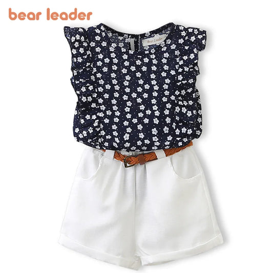 BEAR LEADER-Ensemble d'été décontracté en mousseline de soie pour enfant, t-shirt et pantalon bleus à fleurs, pour fille de 3 à 7 ans, nouvelle collection