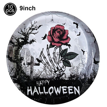 Assiettes de fête gothiques en forme de crâne pour Halloween, tasses, serviettes, corbeau de Rose, décors de fête pour Halloween, squelette, jour des morts, anniversaire