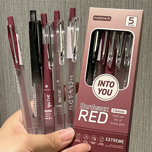 Stylo Gel rétro rouge Kawaii, 5 pièces/ensemble, stylo à encre noire,