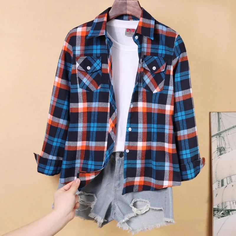 Nouvelles chemises à carreaux pour femmes M-5XL chemisier en coton pour femmes à manches longues chemise à carreaux Slim col rabattu chemisiers pour femmes chemises
