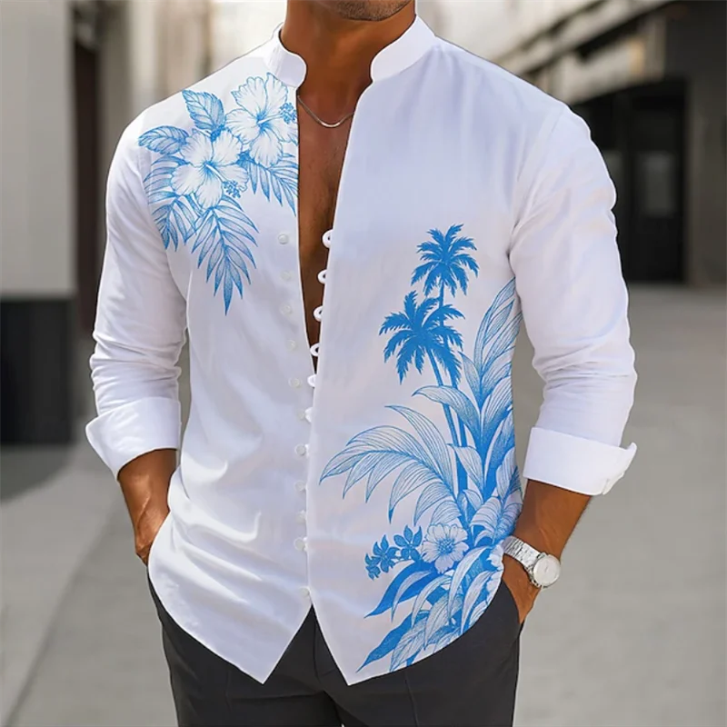 Chemise à manches longues pour hommes, transfrontalière d'été, imprimé bambou 3D, fleur, Vintage, col rabattable, manches longues, boutons