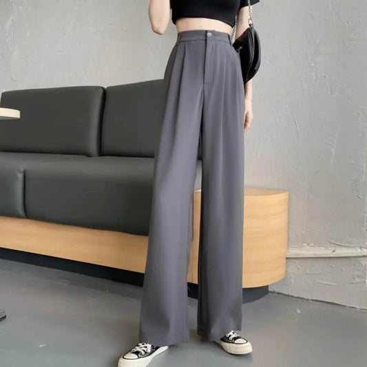 Pantalon de costume pour femmes, Style coréen, taille haute, jambes larges, poches inclinées, pantalon de bureau ample, pantalon de costume d'affaires décontracté