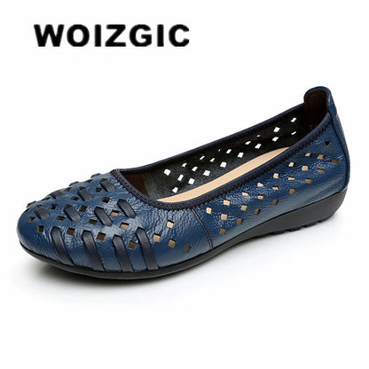 WOIZGIC mère femmes chaussures sandales plates évider en cuir véritable sans lacet mocassins doux été plage Vintage grande taille 42 43