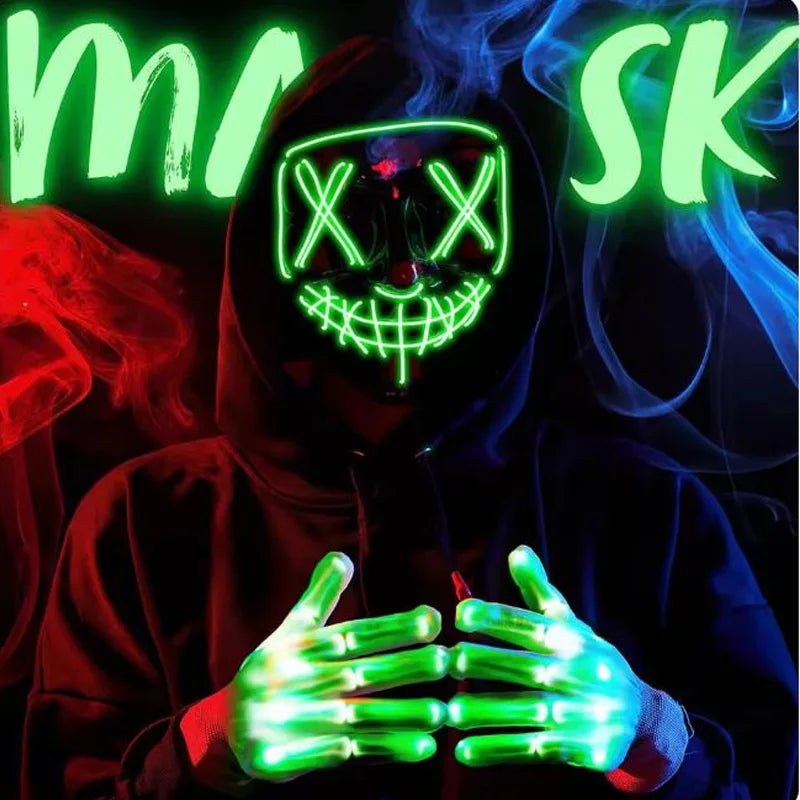 Masque d'horreur lettre V d'halloween et gants colorés, masque lumineux effrayant sans fil pour hommes et femmes, fournitures de costumes de fête de Festival