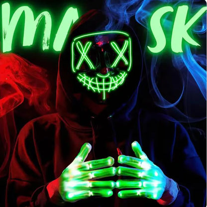 Masque d'horreur lettre V d'halloween et gants colorés, masque lumineux effrayant sans fil pour hommes et femmes, fournitures de costumes de fête de Festival