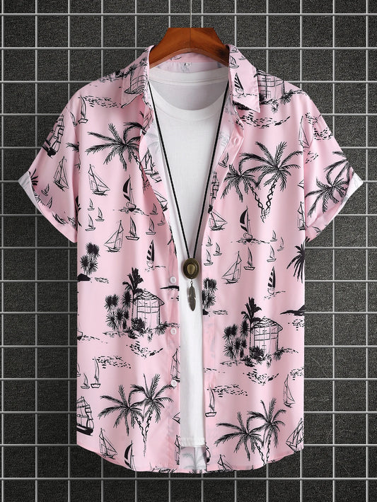 Chemise hawaïenne d'été à manches courtes pour hommes, motif de feuilles tropicales, boutonnée, revers