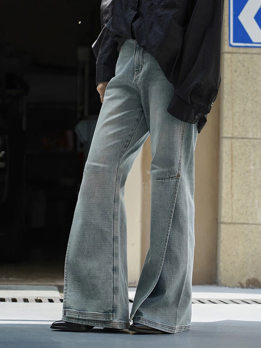 [EAM] taille haute bleu Denim fente irrégulière Vintage Long Flare jean nouvelles femmes pantalons mode marée printemps automne 2025 1DJ2961