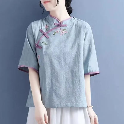 T-shirt brodé à manches courtes pour femme, vêtement en coton, col montant, Style chinois, Vintage, décontracté, Hanfu
