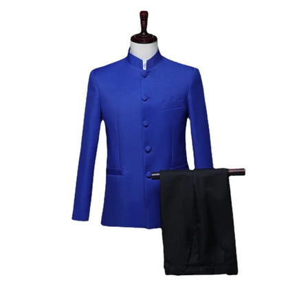 Blazer à col montant de style chinois pour hommes, couleur pure, affaires, formel, banquet de mariage, trempé, rouge, blanc, mâle, nouveau, fjj, 2 pièces