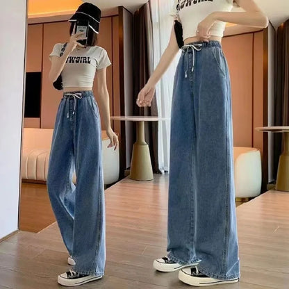 Bigsize cordon taille haute jean droit décontracté Baggy Cowboy pantalon jambe large pantalons femmes Vaqueros corée Denim pantalon