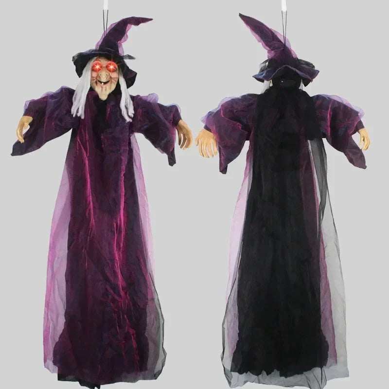 Décor de sorcière suspendu pour Halloween, squelette avec son, yeux rouges brillants, sorcière parlante effrayante, décorations d'halloween, accessoires de maison hantée