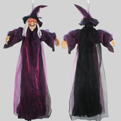 Décor de sorcière suspendu pour Halloween, squelette avec son, yeux rouges brillants, sorcière parlante effrayante, décorations d'halloween, accessoires de maison hantée