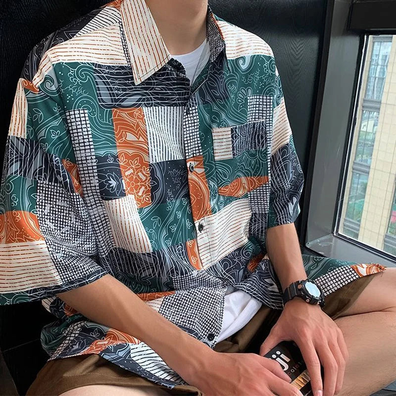 Chemise décontractée à manches courtes pour hommes, rétro artistique, style Hong Kong, imprimé à carreaux rayé, revers respirant, polyvalent, été