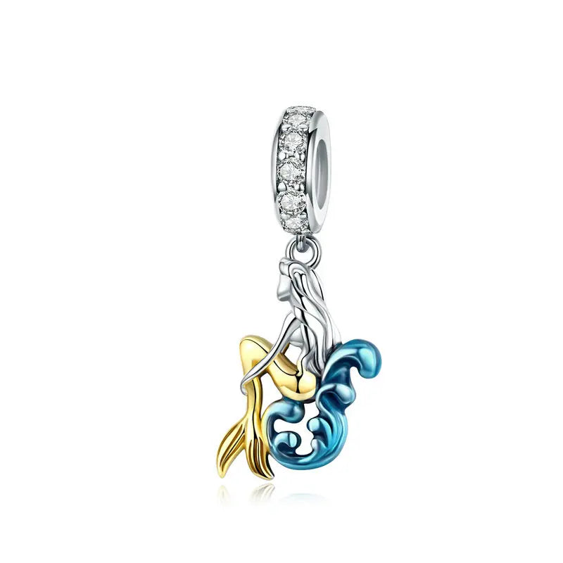BISAER 925 argent Sterling rose bleu verre pendentif nœud perles plaqué platine pour collier et Bracelet