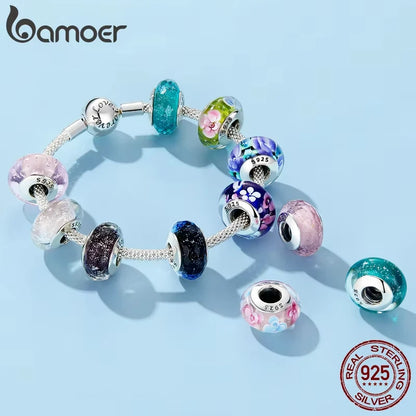 BAMOER 925 en argent Sterling belle fleur rose perles de charme en verre de Murano européen