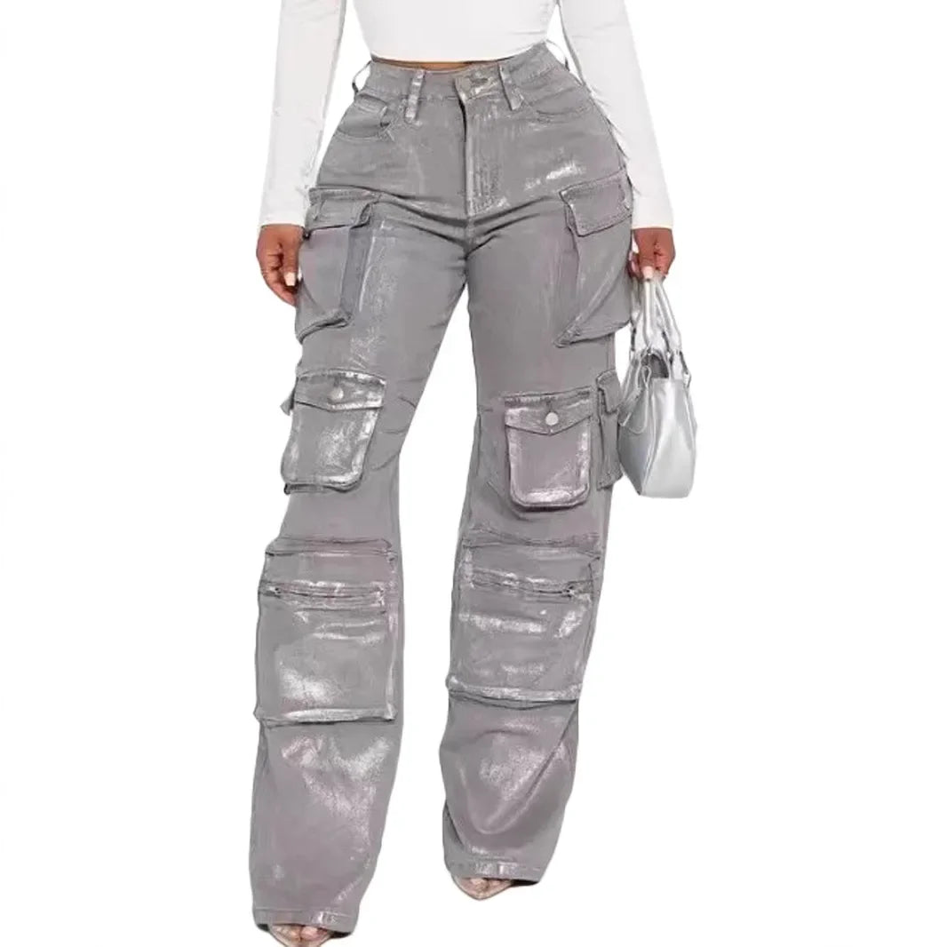 Jean Cargo en Denim pour Femme, Taille Moyenne, Délavé, Poches Multiples, Bronzé, Longueur au Sol, Streetwear, Fjm Droit, 2025