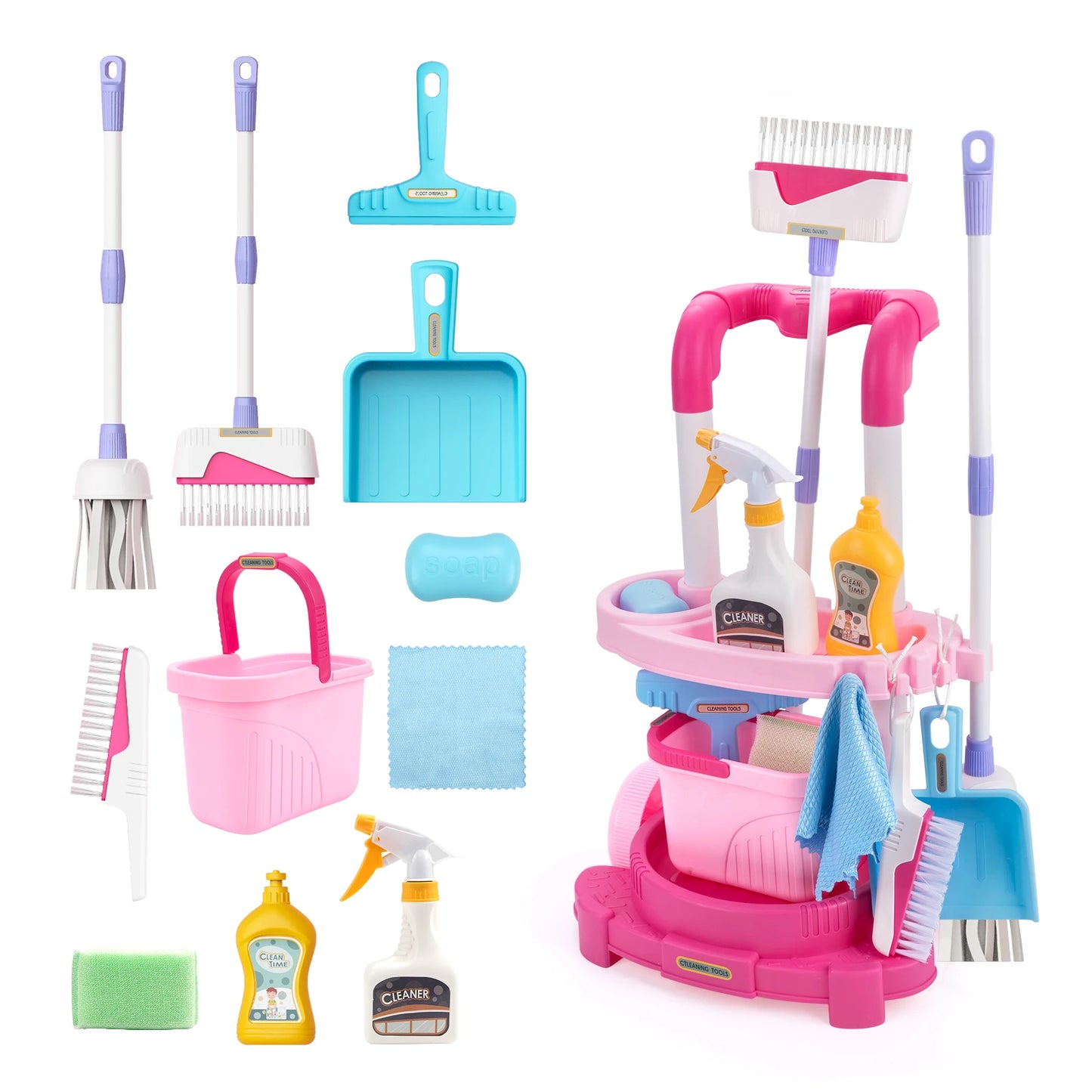 12 pièces/ensemble ensemble de nettoyage pour enfants jouets de nettoyage de vie simulée avec chariot à main semblant jouer hygiène nettoyage maison de jeu jouet garçons et filles
