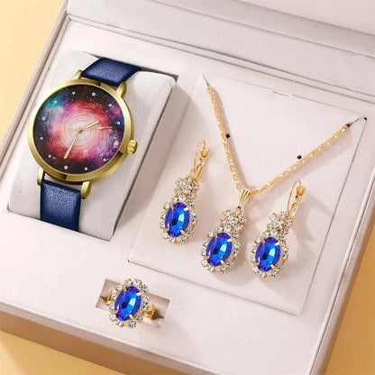 Montre à cadran ciel étoilé pour femme, design de marque, horloge, bracelet en cuir bleu, ensemble de 5 pièces
