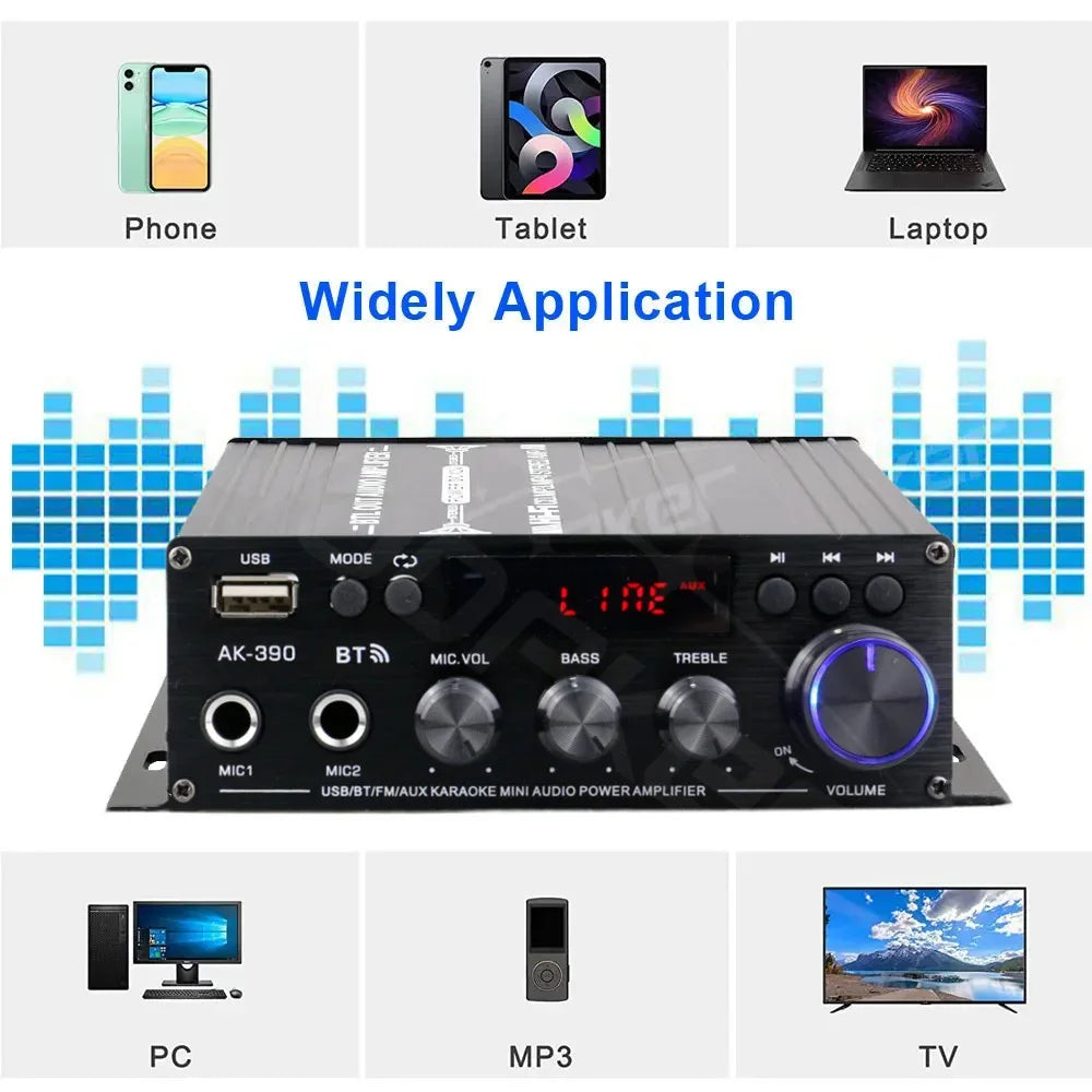 WOOPKER-Amplificateur de son pour système audio-visuel domestique, lecteur multimédia de basse de médailles numériques stéréo, amplificateur de puissance HiFi, AK390, BT 5.0, 800W