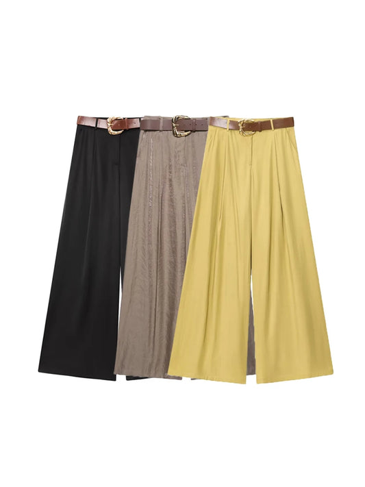 TRZA taille haute pantalon à jambes larges pour femmes mode ceinture avant fléchettes poches latérales pantalon femme