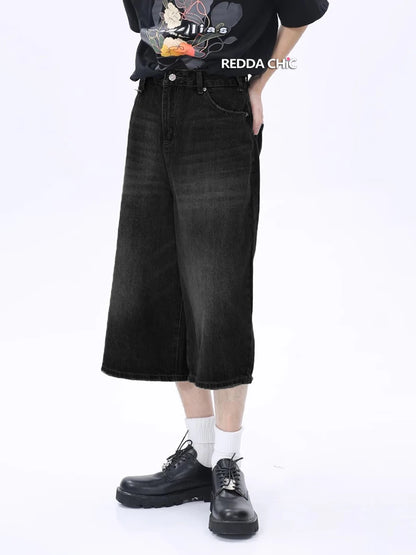 ReddaChic-Short en Denim pour Homme, Baggy Brossé, Vintage, Noir, Bord Brut, Décontracté, Y2k, Hip Hop, Jambes Larges