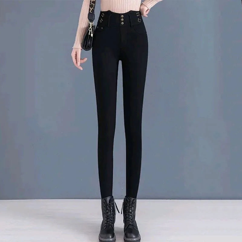 Jean taille haute élastique coréen avec peluche arctique, pantalon crayon droit noir mince, bouton solide, fermeture éclair, mode automne et hiver, nouveau