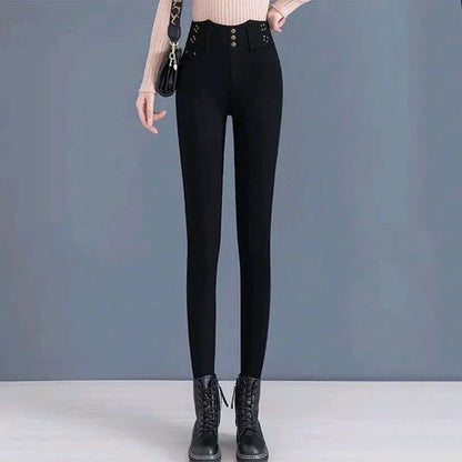 Jean taille haute élastique coréen avec peluche arctique, pantalon crayon droit noir mince, bouton solide, fermeture éclair, mode automne et hiver, nouveau