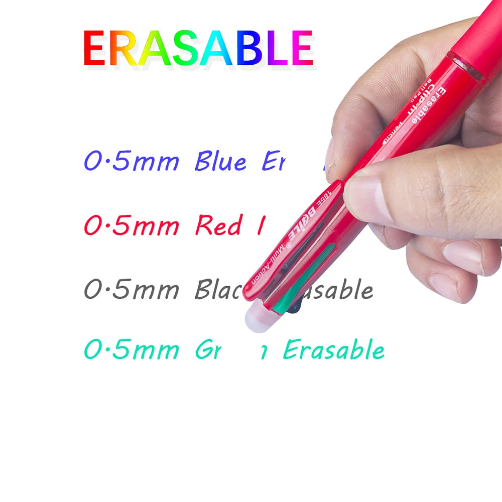 Stylo à bille multicolore effaçable 5 en 1, recharge 4 couleurs de 0.7mm et crayon automatique de 0.5mm,
