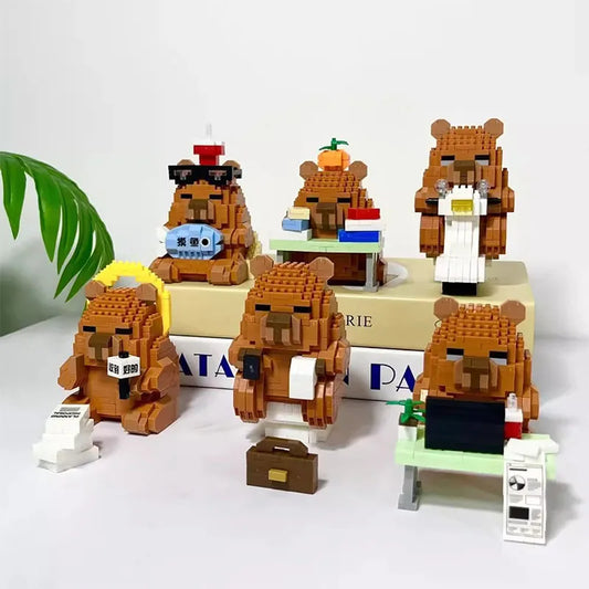 Capybara petits blocs de construction d'animations et de dessins animés, modèles d'action d'assemblage pour décorer les jouets de voiture comme cadeaux Surprise pour les amis