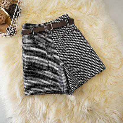 Short en laine pied-de-poule pour femme, bottes slim rétro taille haute, grande taille, avec poches en laine, jambes larges, nouvelle collection automne et hiver
