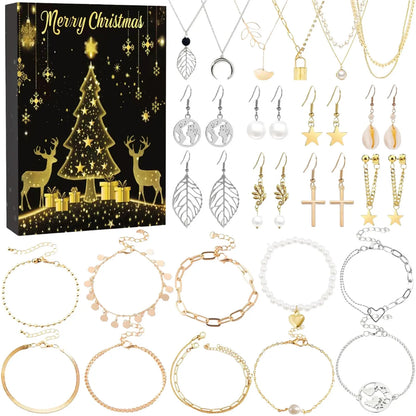 Calendrier de compte à rebours de noël 24 jours, calendrier de l'avent, collier, Bracelet, boucles d'oreilles, cadeaux de noël