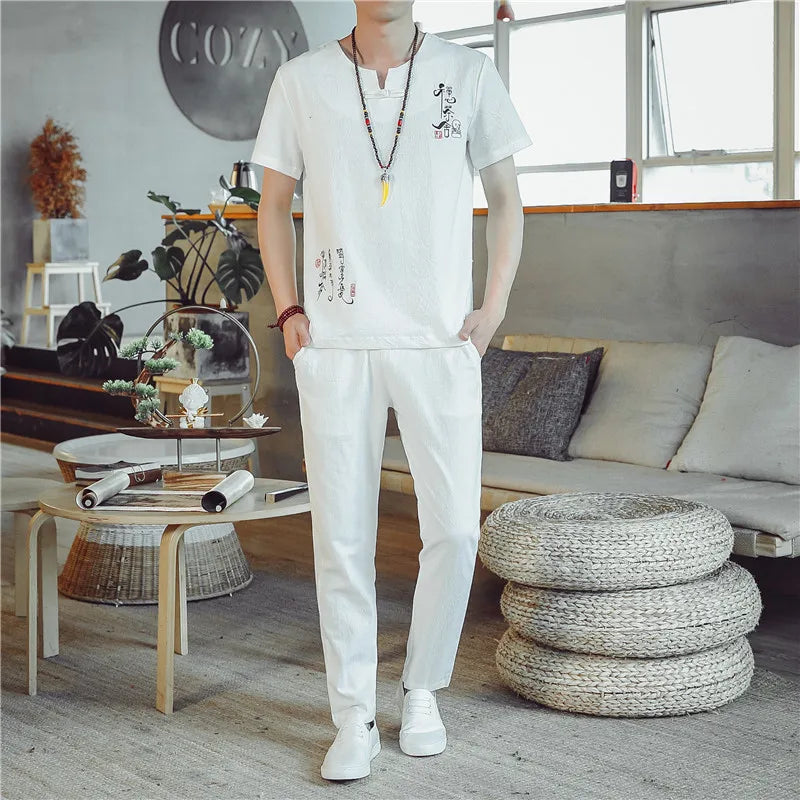 (Chemise + pantalon) 2024 été nouveau style mode hommes chemise à manches courtes chemises hommes ensembles chemises en coton mâle deux pièces M-5XL