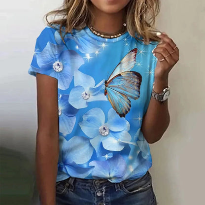 T-shirt manches courtes col rond femme, estival et surdimensionné, avec motif Floral et fleur papillon imprimé en 3D, Y2k, Harajuku, vêtements féminins, nouvelle collection