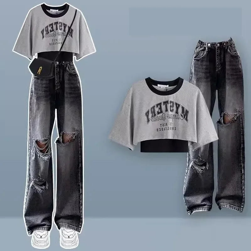 Ensemble assressentitrois pièces pour femme, pantalon en denim, t-shirt à manches courtes, jean troué, vêtements chauds, été, nouveau, 2025