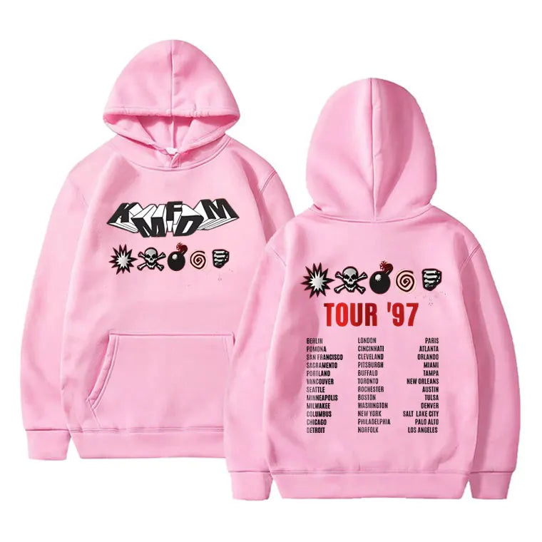 Kmfdm Tour 97 Graphic Hoodie pour hommes et femmes, Rock Band Vintage Gothic Punk Pullover Hoodies, Unsiex Casual Smile Cotton Sweatshirt