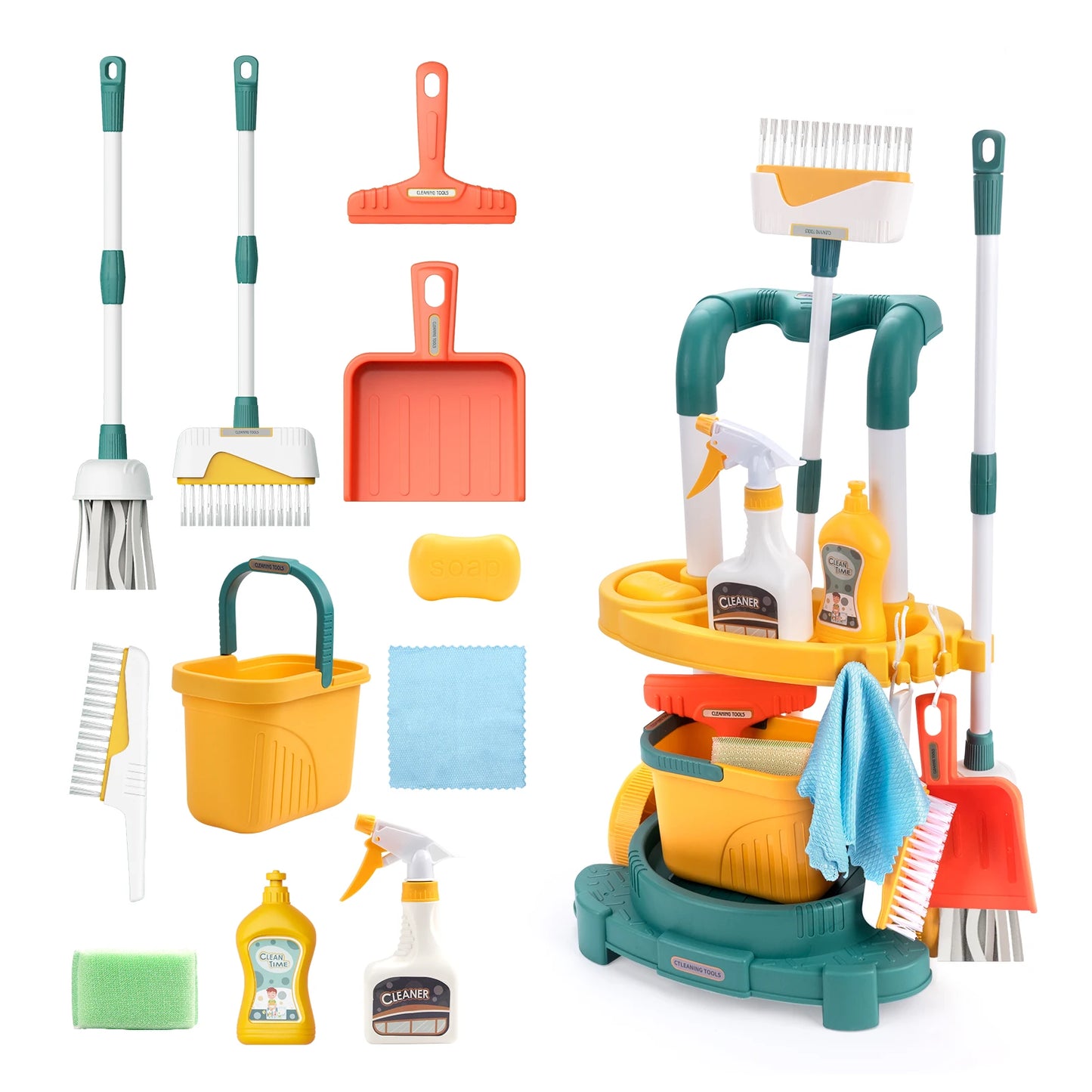 12 pièces/ensemble ensemble de nettoyage pour enfants jouets de nettoyage de vie simulée avec chariot à main semblant jouer hygiène nettoyage maison de jeu jouet garçons et filles