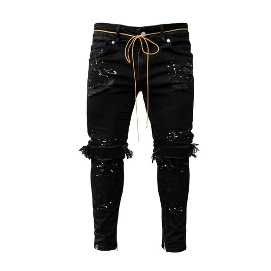 Jean Long en Denim pour Homme, Pantalon Crayon, Trou, Épissure, Simple, Coupe Slim, Fermeture Éclair, Lacets, Serré, Taille Droite, FJM, Automne