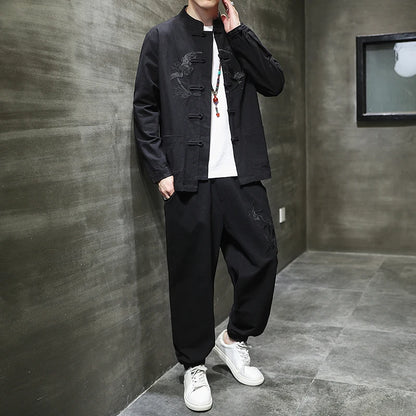 Ensemble deux pièces de style chinois pour hommes, chemise et pantalon, broderie, lin, coton trempé, décontracté, rétro, Kungfu, fjfu