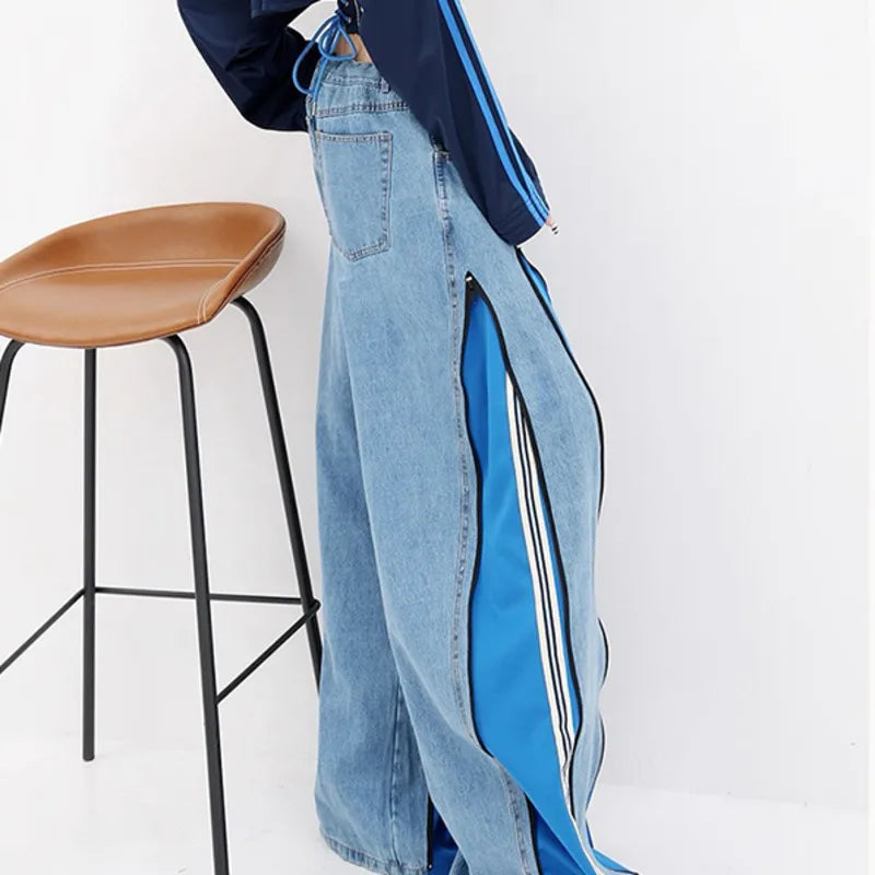 [EWQ] décontracté mode Style femmes Unique Denim pantalon Patchwork contraste couleurs jean conception fermeture éclair pantalon à jambes larges 16O7157