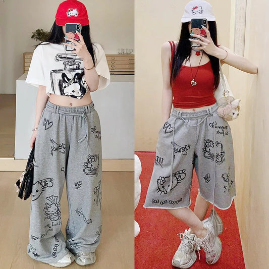 Kawaii femmes Hello Kitty pantalons décontractés Sanrio dessin animé coton pantalons longs Anime filles étudiant mignon danse pantalons à jambes larges dessiner corde