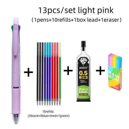 Stylo à bille multicolore effaçable 5 en 1, recharge 4 couleurs de 0.7mm et crayon automatique de 0.5mm,