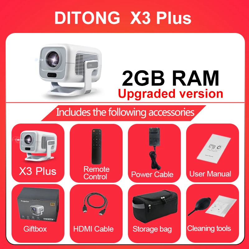 DITONG X3Plus HD projecteur natif 1080P prise en charge 4K WIFI6 BT5.4 projecteur Android mise au point automatique auto-keystone projecteur de cinéma maison